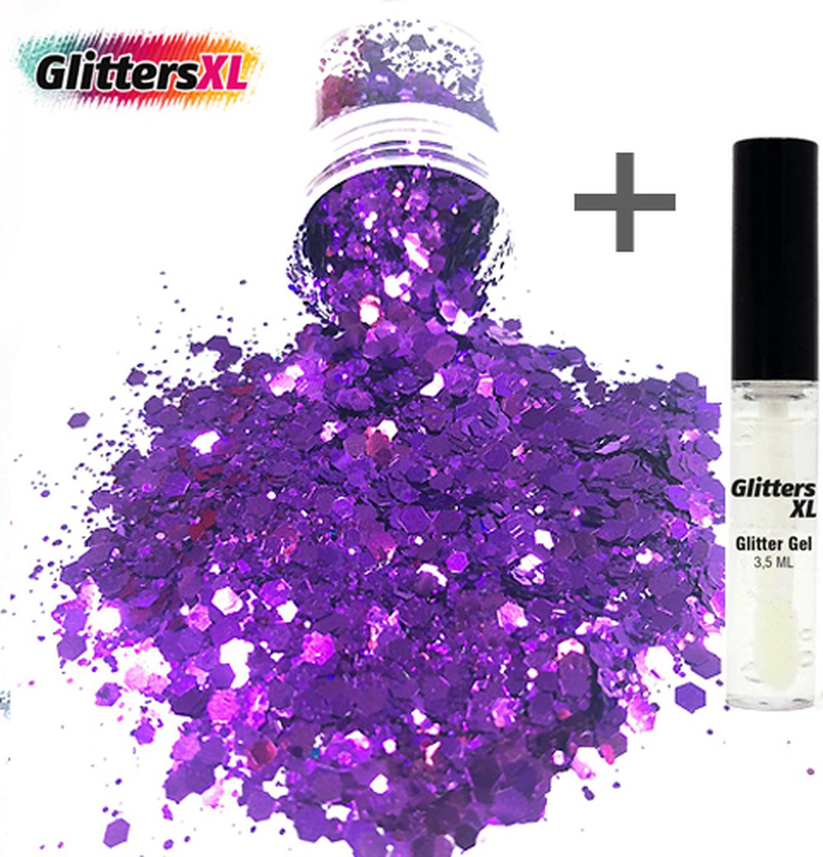 GlittersXL - Chunky Glitters (Paars) (Volume 8g) + Glitter Huid Lijm [Festival Makeup Gezicht Lichaam - Face Body Glitter - Biologisch afbreekbaar - Versiering Dames Volwassen Kinderen]